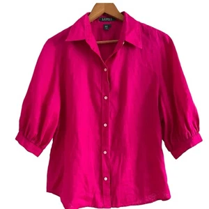 Ralph Lauren Linen Button up Top L Hot Pink Puff Sleeve Cottagecore Old Money - Picture 1 of 10
