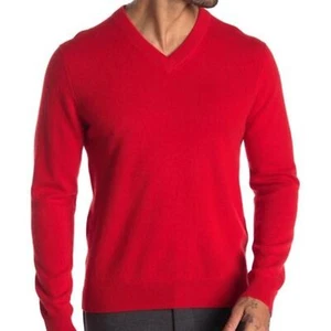 NWT Qi Cashmere Pullover Sweater Long Sleeves V-Neck Ribbed Trim Red X-Large - Picture 1 of 8
