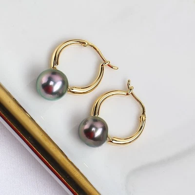 Gorgeous HUGE AAAA+++ 8-9mm Natural Tahitian Round Black Green Pearl Earring 14k - Image 1 of 4