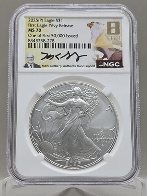 2025 Silver Eagle w 1st Eagle Privy NGC MS 70 1st 50,000 Issued Salzberg Signed - Image 1 of 4