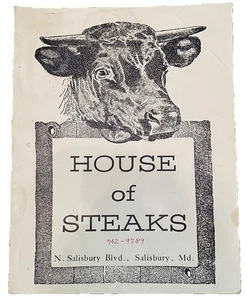 Menú de restaurante House of Steaks vintage de los años 70 con vaca Salisbury Maryland MD - Imagen 1 de 5