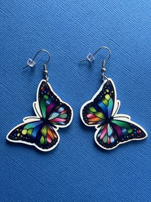 Butterfly Black & Rainbow Dangle Earrings - Surgical Steel Hooks - image 1 of 2