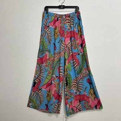 Tropical Boho Floral Wide Leg Pants Colorful Pink Blue Birds Size L Rachel Roy - Image 1 of 4