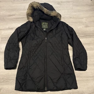 Eddie Bauer Premium Qualität Gänsedaunenjacke schwarz L gesteppt lang Kunstfell Kapuze - Bild 1 von 9
