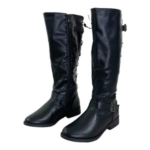 Wanted Women's 6M Black Faux Leather Knee High Boot Zip Buckle Lace Up Back - Picture 1 of 12