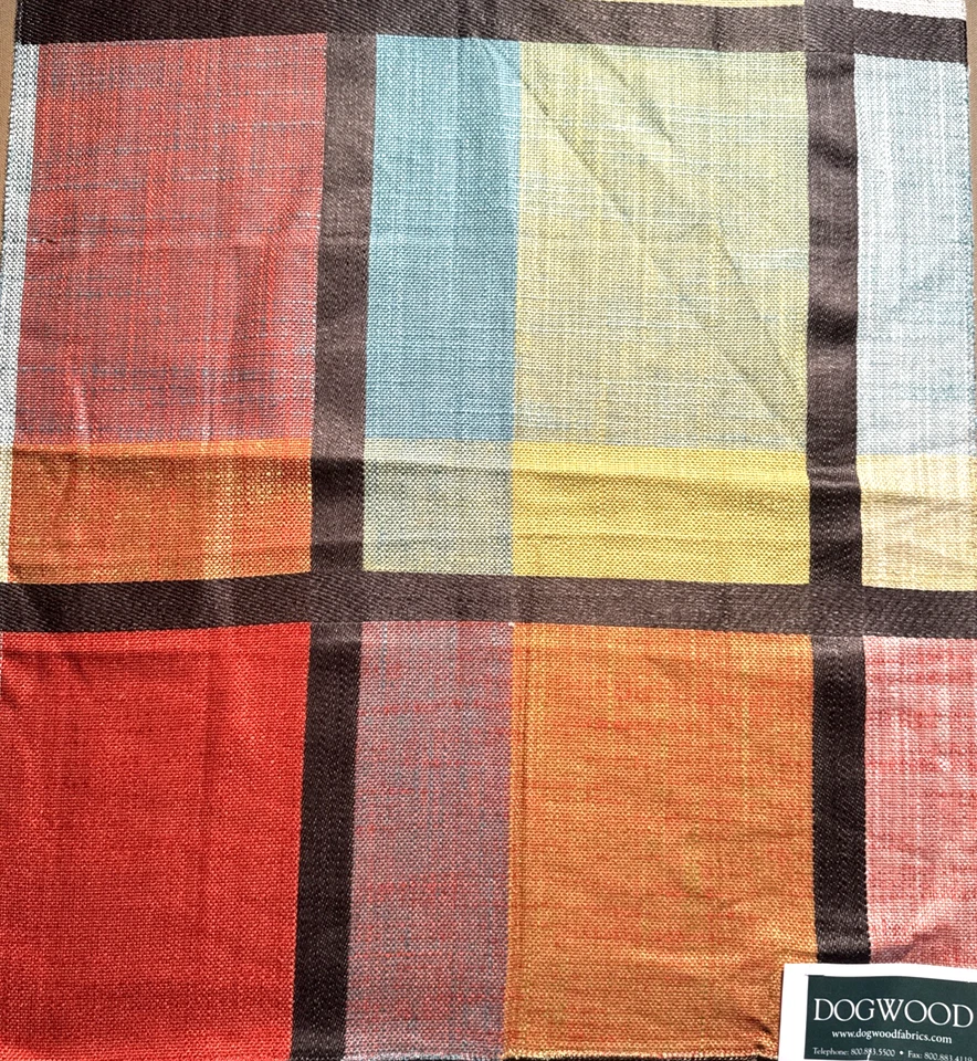 Dogwood Fabrics Alpine Plaid  Orange Green Blue Linen Decor Fabric Sample #7 - Image 1 of 4