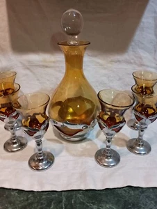 Art Deco amber glass Farber Bros Krome Kraft decanter 6 cordial glasses Vintage - Picture 1 of 7