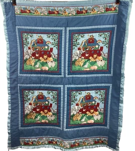 Handmade Noah’s Ark Baby Quilt Blue Flannel Back 38" x 47" Satin Trim Vintage - Picture 1 of 6