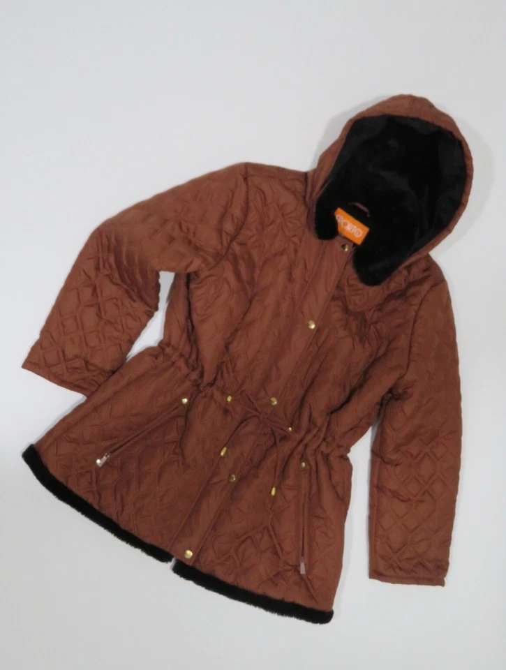 Chaqueta acolchada forrada de piel sintética marrón SPORTO con bolsillos y capucha extraíble talla 1X Foto 1 de 4