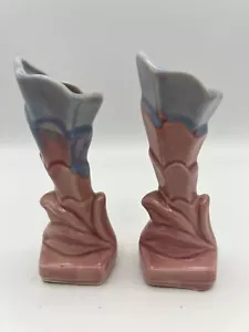 Pair Shawnee Pottery Ceramic Bud Vases Pink Blue Floral Cornucopia VTG - Picture 1 of 8