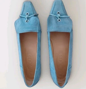Mocasín Tod's de gamuza para mujer talla 6 azul pizarra todo cuero sin cordones hecho en Italia - Imagen 1 de 14