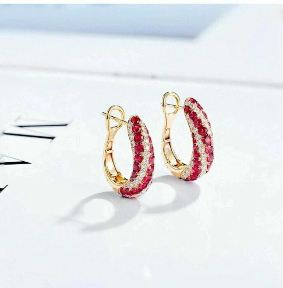 2Ct Round Cut Lab-Created Red Ruby Huggie Hoop Earrings 14K Yellow Gold Plated - Image 1 of 4
