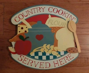 Vintage Solid Wood Sign "Country Cookin' Served Here" Cottage Kitchen Checkered - Picture 1 of 4