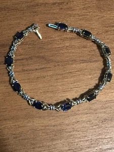 10K Yellow Gold Bracelet w/ 10 Sapphires & 19 Diamonds 7.5” X 5MM 10.5 Grams - Picture 1 of 5