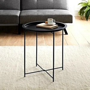 Metal Side Table Round End Sofa Table Detachable Tray Top Garden Terrace Balcony - Picture 1 of 2