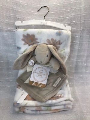 NEW Gift Set Baby Blanket Bunny Lovey Nunu White Brown Floral Blankets & Beyond - Image 1 of 4