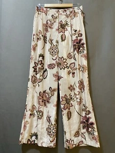 NWOT Rachel Zoe Women Zip Front Hi-Rise Velvet Wide Leg Pants SZ L Beige Floral - Picture 1 of 12