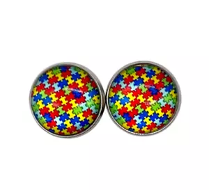 Autism Puzzle Piece Stud Earrings Multicolour 16mm Round Glass Stainless Steel - Picture 1 of 9