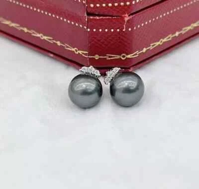gorgeous pair of 9-10mm tahitian round black green pearl stud earring 925s gift - Изображение 1 из 3