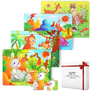 Wooden Jigsaw Puzzles for Kids 3-8 | 4 Animal-Themed 12-Piece Sets with Stories - Picture 1 of 7