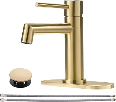Brushed Gold Bathroom Faucet with Plastic Pop Up Drain, 6.25'' Metal Escutcheon - Image 1 of 4