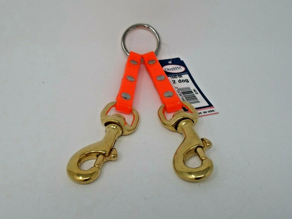 OMNIPET #144D / 2 DOG DAY GLO COUPLER ORANGE W/BRASS SNAPS