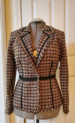 Nuevo con etiquetas Chaqueta Blazer Bisou Bisou Verde Rosa Negro Tweed Boucle Flecos Talla 12 Foto 1 de 4