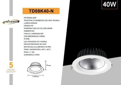 FARTETTO COB LED DA INCASSO ROTONDO - UNIVERSO - 40W DOWNLIGHT COLORE BIANCO CR - Immagine 1 di 4