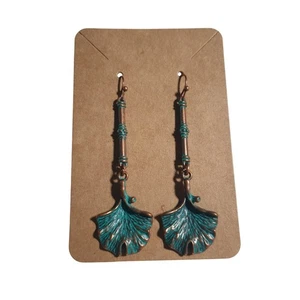Artisan Copper Patina Ginkgo Leaf Drop Earrings Handmade Nature Inspired Jewelry - Picture 1 of 4