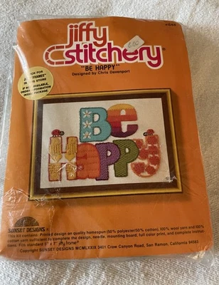 Jiffy Stitchery  Kit  "Be Happy”   NEW in Pkg    Vintage 1970s Chris Davenport  - Image 1 of 2