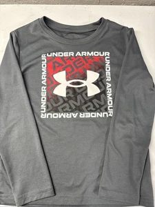 Under Armour Shirt Boys Size 6 Gray Black Logo Long Sleeve Polyester Athletic - Picture 1 of 2