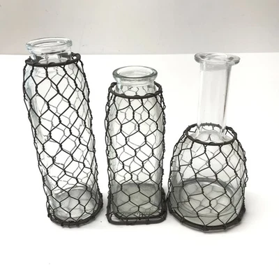 Juego de 3 frascos rústicos de alambre y botella de vidrio para decoración del hogar de granja de pollo Foto 1 de 4