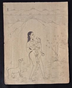 VINTAGE FINE HANDMADE MINIATURE EROTIC PAINTING ON ANTIQUE PAPER. - Picture 1 of 2