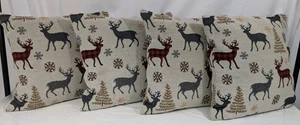 Set of 4 Christmas Holiday 17×17 Throw Pillows Red Plaid Reindeer & Snowflakes  - Picture 1 of 12