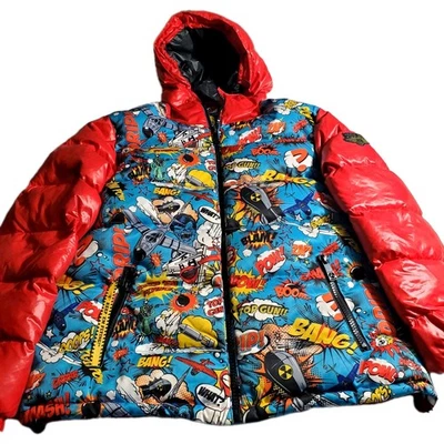 Top Gun Mens Hooded Down Puffer Coat Size XL Red Comic Graphic Print Airplanes - Image 1 of 4