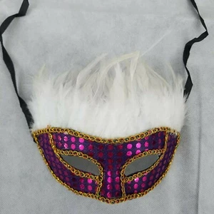 Costume Masquerade Ball Eye Mask White Purple Gold Trim Halloween, Feathered - Picture 1 of 3