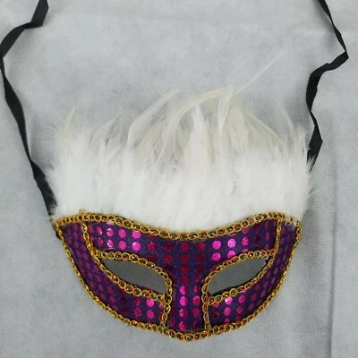 Costume Masquerade Ball Eye Mask White Purple Gold Trim Halloween, Feathered - Image 1 of 3