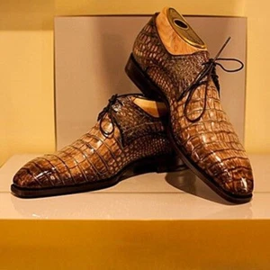 Genuine Handmade Men's Crocodile Pattern Leather Shoes Formal Dress Shoe Lace-Up - Picture 1 of 5