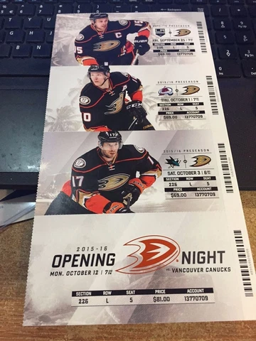 2015-16 ANAHEIM DUCKS SEASON TICKET STUB PICK YOUR GAME DROPBOX PERRY GETZLAF Cover