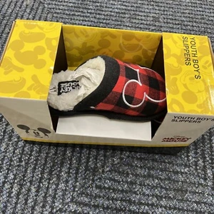 Disney Mickey Mouse Youth Boys Slipper Red Plaid Soft White Lining 11/12 - Picture 1 of 5