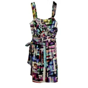 Ali Ro Silk Mini Dress Womens 0 Sleeveless Belted Multi Geometric - Picture 1 of 5
