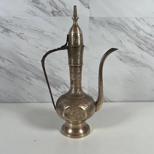 Old Engraved Brass Arabic Persian Indian Turkish Tea Coffee Pot Floral Design - Picture 1 of 6