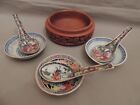 Chinese Set Of One Rice/ Soup Wooden Bowl 3 Porcelain Saucers & 3 Spoons
