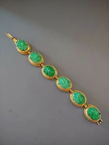Vintage link bracelet gold tone metal green Peking glass faux jade cabochons - Picture 1 of 4