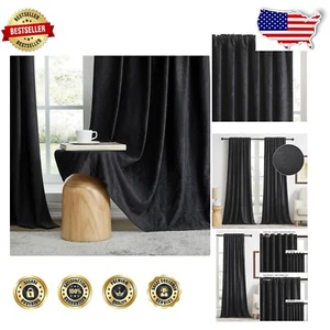 Sleek Thermal Black Velvet Curtains 2 Panels, 96 Inch Long with Floral Jacquard - Picture 1 of 10
