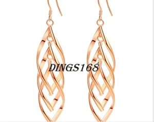 18K Rose Gold Filled Tarnish-Resistant 3-Leaf Spiral Hoop Dangle Earrings Z004R - Picture 1 of 4