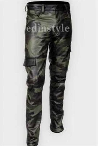 men's genuine cowhide camo pant real Leather Gay Trousers Military Style Trouser - Picture 1 of 3