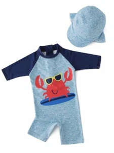 Kid Boys Chic Animals Printed One-Piece Rash Guard with Sun Hat 2pcs Swimsuit Po - Picture 1 of 9