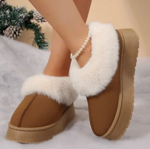 Women's Winter Suede Shearling Slippers - Comfy Warm Thick-Sole Casual Snow Boot - Picture 1 of 10