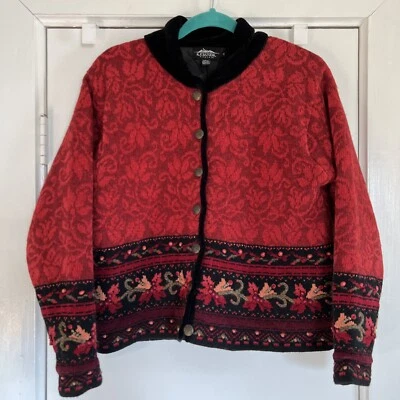 ICELANDIC DESIGN Sz S Sweater/Jacket-red wool Blend Nordic cardigan Embroidered - Image 1 of 4